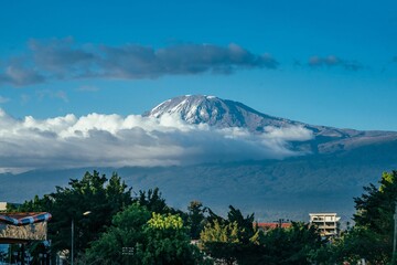 Aerial view of Almight Kilimanjaro mountain landscape under blue sky
