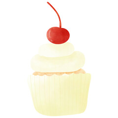 Watercolor cupcake with cherry on top illustration 
