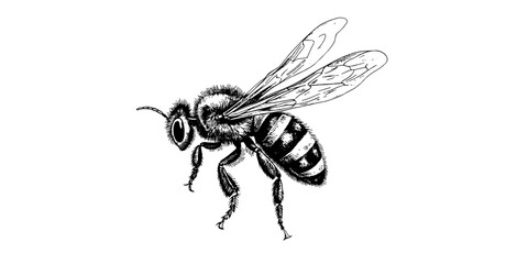 Vector engraving hand drawn illustration of honey bee on white background - obrazy, fototapety, plakaty