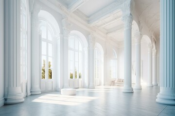 Fototapeta na wymiar Bright and airy room with white columns and abstract architectural design. 3D rendered illustration. Generative AI