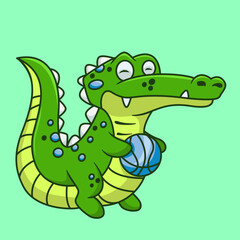 Cute crocodile baby is holding a basketball ball cartoon style