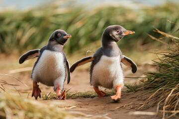 Two young gentoo penguin chicks happily running, Generative ai
