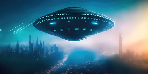 Fototapeta na wymiar Flying saucer over city at night. Generative AI
