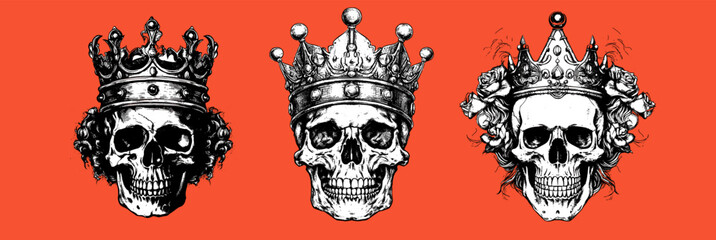 Hand drawn set portrait of a skull with a crown. Vector pack rock illustration for your fashion design