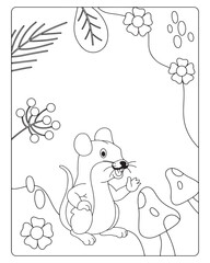 Fototapeta premium a cute mouse sitting in forest with flowers and mushrooms coloring page