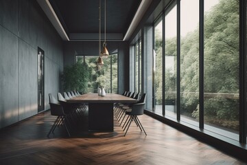 Contemporary boardroom with large window and blank wall. Generative AI