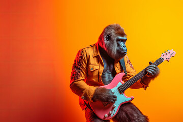 A gorilla rockstar musician playing guitar in a band. Generative ai