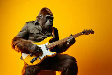 A gorilla rockstar musician playing guitar in a band. Generative ai