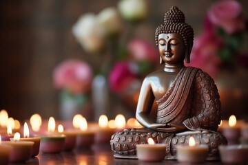 Serene Buddha in Meditation with Lotus Flower and Burning Candles - Spiritual Health and Peaceful Serenity Concept, generative AI