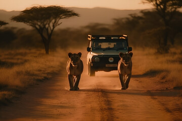 Safari lionesses walking on dirt road in front of safari jeep - obrazy, fototapety, plakaty