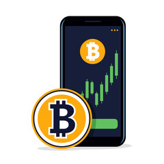Bitcoin growth chart. Smartphone app for trading cryptocurrency on the exchange, flat vector illustration. Buying or selling bitcoin.  - 605666404