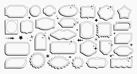 Obraz premium Sparkling vector set with y2k stickers, chat messages, Korean-style logos, stars, bubbles, flashes, labels, tags, and coupons.