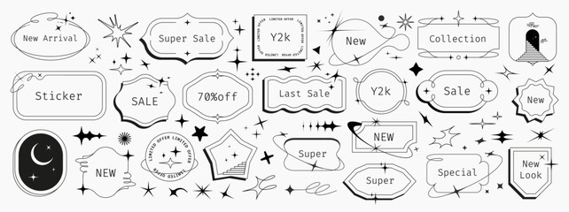 Sparkling vector set with y2k stickers, chat messages, Korean-style logos, stars, bubbles, flashes, labels, tags, and coupons.