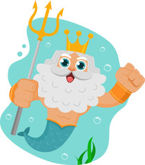 Sea God Poseidon Neptune Cartoon Character Swims Underwater With Trident. Vector Illustration Flat Design Isolated On Transparent Background