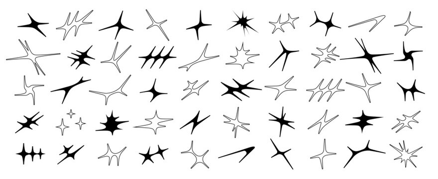 Vector set of comet and star shapes. Y2k shapes of shine, sun, sunbeams, flare and glares in a modern brutalist style.