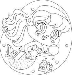Outlined Cute Little Mermaid Girl Cartoon Character Swims Underwater With Big Pearl. Vector Hand Drawn Illustration Isolated On Transparent Background