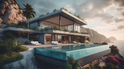 Obraz premium Modern flat roof house and panoramic windows, with a pool by the sea. Palm trees in the background.