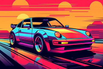 A vector illustration of a retro sports car with bold lines, vibrant colors, and a futuristic aesthetic, representing the iconic cars of the 80s. Generative AI - obrazy, fototapety, plakaty