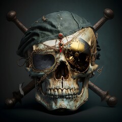Pirate's Fate: The Weathered Skull of a Swashbuckler, Adorned with Gold and Legends of the High Seas