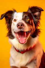 Beautiful happy red and white border collie on bright vibrant yellow background,Generative AI