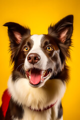 Beautiful happy red and white border collie on bright vibrant yellow background,Generative AI