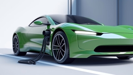 Charging electric city car in green color. E-Mobility and ecology. Battery charging concept