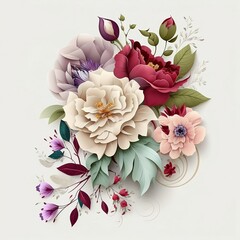 Floral Symphony: A Delicate Harmony of Blossoms in Soft Cream, Burgundy, and Pastel Tones, Celebrating Nature's Elegance