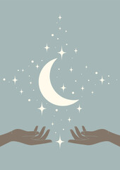 Naklejka na ściany i meble Vector illustration of young moon and stars mystic poster. Outer space with hands