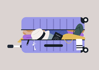 Open suitcase overloaded with clothes and personal belongings, baggage excess