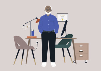 A senior African male character standing in their office, CEO of the company