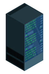 Isometric server. Network server room. Server in cabinets. Storage database. Isometric technology. Vector illustration