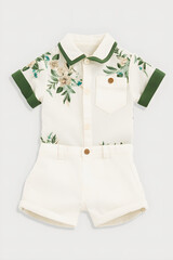 Stylish Mayoral Embroidered Blouse Set: Off-White Short Sleeve with Delicate Stitching and Dark Green Floral Shorts