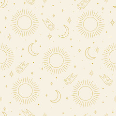 Seamless doodle cosmic space pattern with heavenly elements on a beige background. © Natalya Nepran