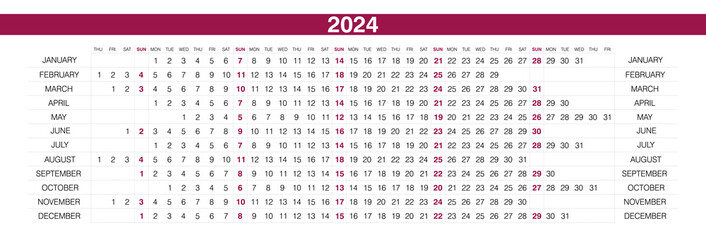 2024 calendar. Linear horizontal planner for year. Yearly calender template. Week starts Sunday. Annual schedule grid with 12 months. Landscape orientation, English. Simple design. Vector illustration