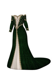 Green and white fantasy medieval dress with train. Isolated 3D rendering.
