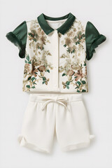 Feminine Bebe Kids Ensemble: Off-White Blouse Set with Raised Embroidery and Floral Shorts