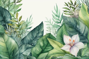 Naklejka na ściany i meble Watercolor floral illustration with tropical green leaves as a border or frame for various purposes. Generative AI
