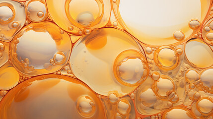 Oil bubbles background, AI generative gold liquid with golden drops. AI generative oil foam froth bubbles, abstract natural bubbling texture - obrazy, fototapety, plakaty