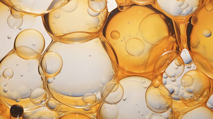 Oil bubbles background, AI generative bubbling drops of gold liquid. AI generative oil bubbles in abstract natural transparent liquid fluid splash - obrazy, fototapety, plakaty