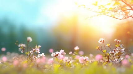 Behold a beautiful spring background with a blooming glade, trees, and sunny blue sky, all softly blurred for a dreamy effect. Artistry conceived by AI.
