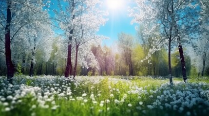 Admire a blurred spring background, featuring a blooming glade, trees, and a sunny blue sky. An idyllic portrait of nature's beauty, crafted by AI.