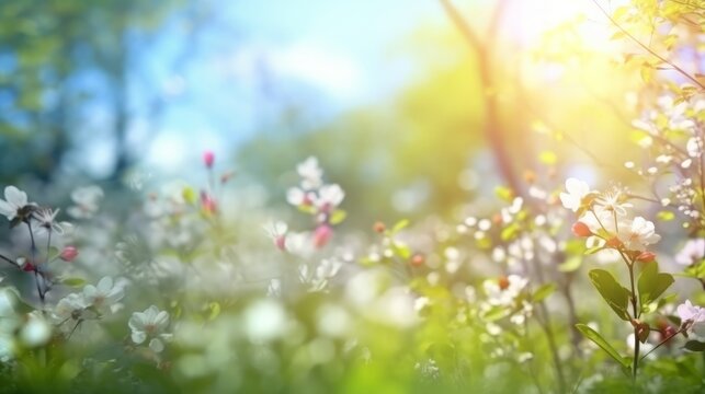 Immerse yourself in a beautiful blurred spring background, a blooming glade, trees, and a blue sky on a sunny day adding charm. A sight to behold, curated by AI.
