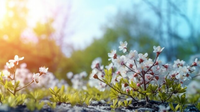 Behold a beautiful spring background with a blooming glade, trees, and sunny blue sky, all softly blurred for a dreamy effect. Artistry conceived by AI.
