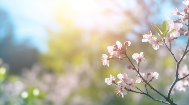 Experience a gorgeous spring scene, a blooming glade, trees, and a clear blue sky, all beautifully blurred. A charming spectacle, conceived by AI.