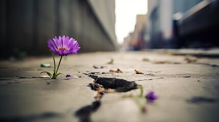 Purple flower growing on street coming out of cracked asphalt, soft focus, blurred street background with copy space. Generative ai - obrazy, fototapety, plakaty