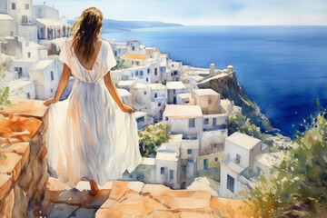 Fototapeta na wymiar Illustration in a watercolor style. Beautiful girl in white dress looking down at beautiful sea town from viewing platform. Viewed from behind. Travel and relax. Generative AI.