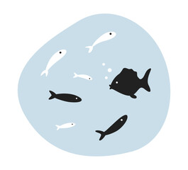 Sealife underwater concept hero image. Herd of fishes in water. Sea creatures 2D cartoon outline seascape on white background. Isolated black and white illustration. Vector art for web design ui