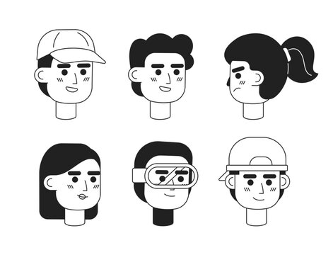 Outdoorsy guys, brunette women monochrome flat linear character heads set. Happy people. Editable outline hand drawn human face icons. 2D cartoon spot vector avatar illustration pack for animation