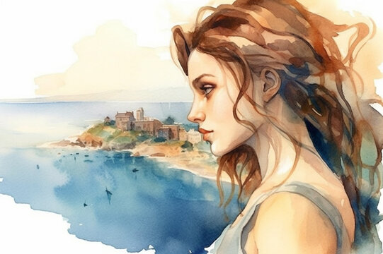 Illustration  in a watercolor style. Beautiful girl in the dress looking down at beautiful sea town from viewing platform. Profile view. Travel and relax.  Generative AI.