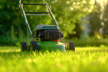 a green lawnmower stands on the lawn on the background of the garden. Generative AI - obrazy, fototapety, plakaty